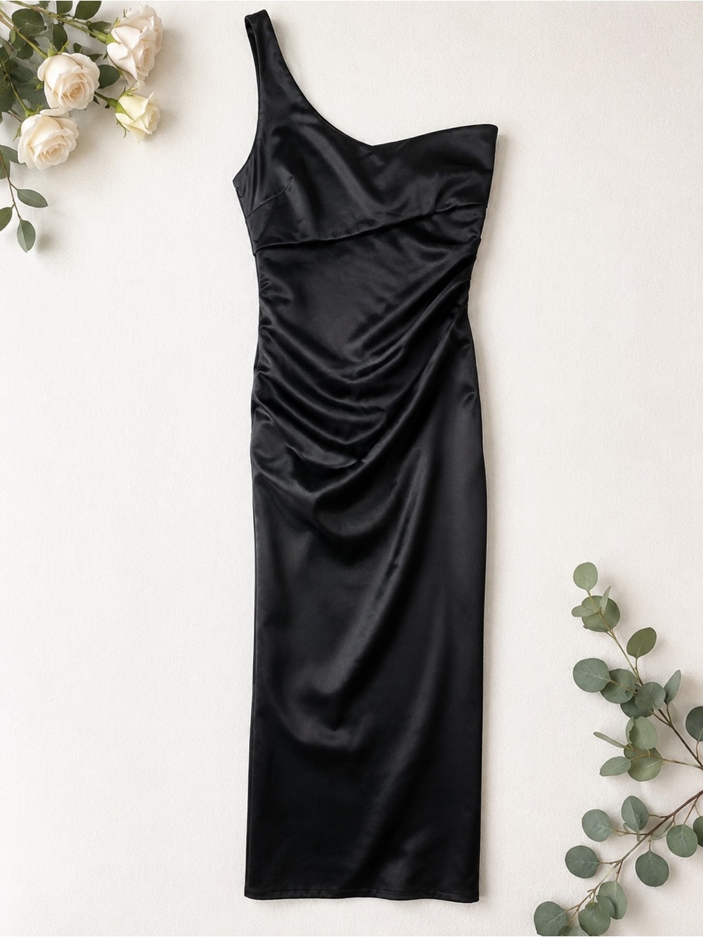 Emerald Sundae One Shoulder Black Satin Maxi Dress Women’s Small